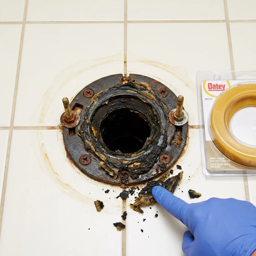 Failed wax ring showing water seepage at the base of a toilet in a Troy, NH home