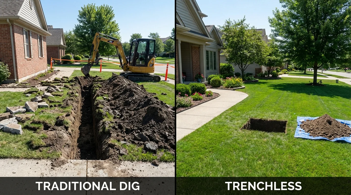 Trenchless sewer repair with minimal yard damage versus traditional excavation in Troy, NH