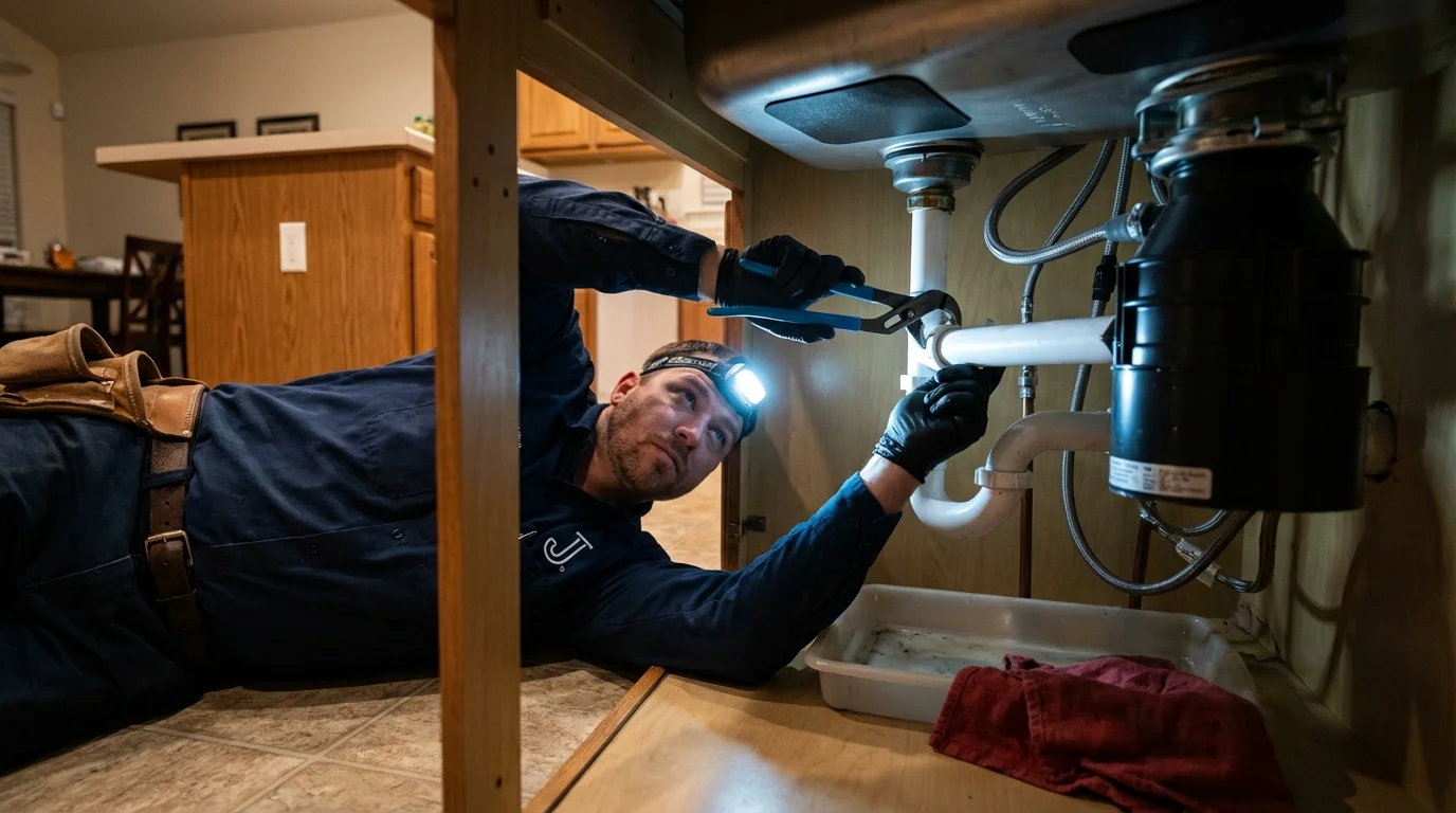 P-trap and supply line connections under a kitchen sink showing a common leak point in Troy, NH